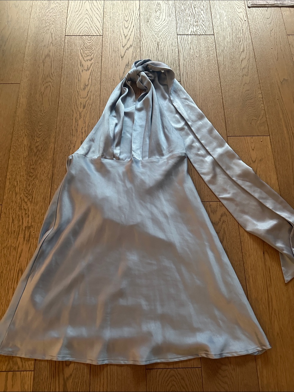 Women’s Silky Light Blue Halter Dress with Tie Neck